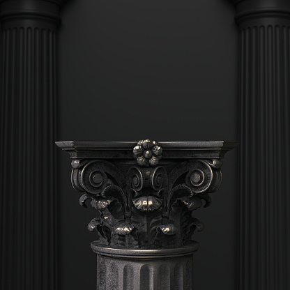 Black and gold column pedestal isolated museum piece background, Classical corinthian pillar platform, 3d rendering