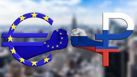 Europe versus Russia, the new money war, European Euro against Russian Ruble, war disputes concept