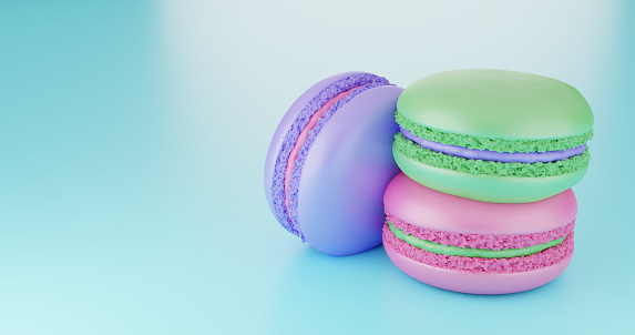 Close up of three macarons of different colours on blue background. Elegant food concept. 3d render illustration
