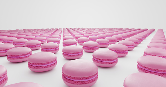 many pastel pink macarons distributed in lines on white background. Pastel colours. Elegant food concept. 3d render illustration