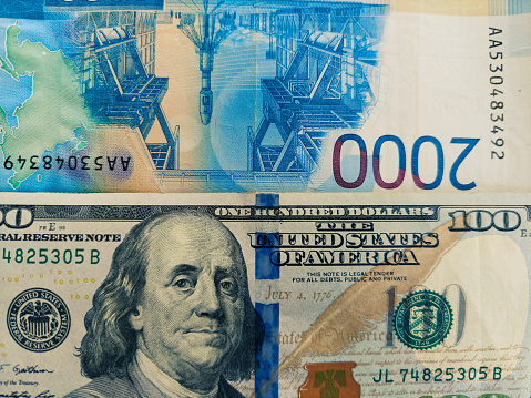 The US dollar and the Russian ruble. Money background. Currency exchange. The economic crisis. Cash in rubles and dollars. A hundred-dollar bill of 2000 rubles. Business and finance. Russia and the USA