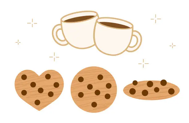 Vector illustration of Vector Illustration - White Coffee Cup and Chocolate Round Biscuits and Heart Biscuits Material Set