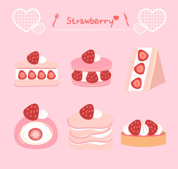 bildbanksillustrationer, clip art samt tecknat material och ikoner med set of delicious sweets and desserts with strawberry flavor for valentine day - strawberry cake