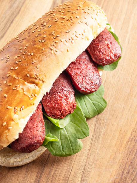 Sausage Sandwich, Sucuk Ekmek, Sausage in Bread, Toast with Sujuk stock photo