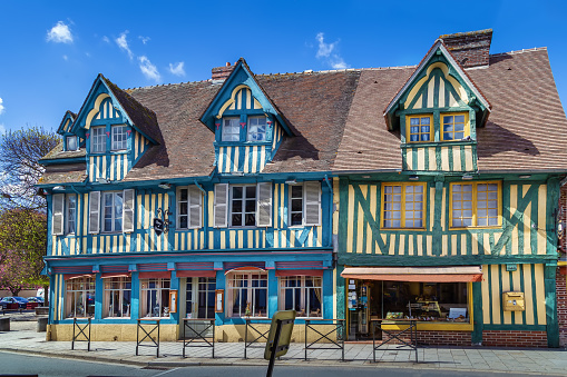 Charming half-timbered houses in  Pont-l'Eveque, Calvados, France