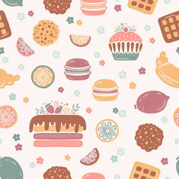 Vector illustration of Confectionery Vector Vintage Background. Sweet Food Seamless Pattern. Birthday Chocolate Cake, Cupcake, Croissant, Oatmeal Cookies, Waffles, Macaroon Cookie and Lemon Fruit. Retro Colors.