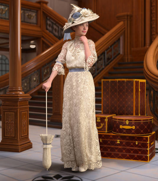 belle femme en robe victorienne debout devant ses bagages - suitcase retro revival women old fashioned photos et images de collection