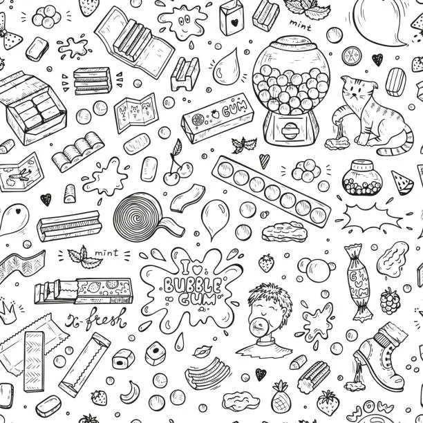 Vector illustration of Bubble Gum 90s Black and White Retro Background. Hand Drawn Doodle Chewing Gums Seamless pattern. Vector illustration