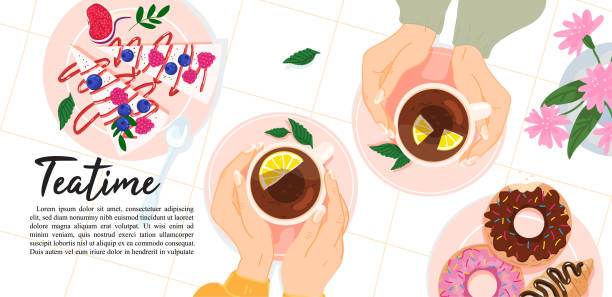 Hands holding mugs with tea and coffee top view. Tea drinking, meeting, conversation or date Hands holding mugs with tea and coffee top view. Tea drinking, meeting, conversation or date between two friends. Tea and pastries. Banner for coffee, cake shop or pastry shop. Vector illustration afternoon tea friends stock illustrations