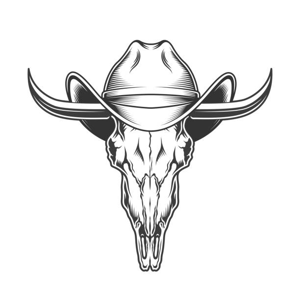 ilustrações, clipart, desenhos animados e ícones de crânio de cabra com chifres e chapéu de cowboy - goat animal black domestic animals
