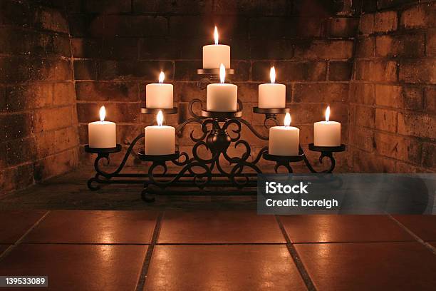 Fireplace Candles Stock Photo - Download Image Now - Brick, Candle, Candlestick Holder