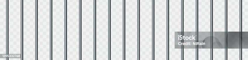 istock Vector illustration iron prison bars isolated on transparent background. Metal rods seamless pattern. Steel jail cell bars backdrop. Realistic prison grid background. 1395332768