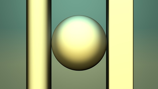 The Golden ball between the walls abstraction. Ball stuck design. 3D render illustration.