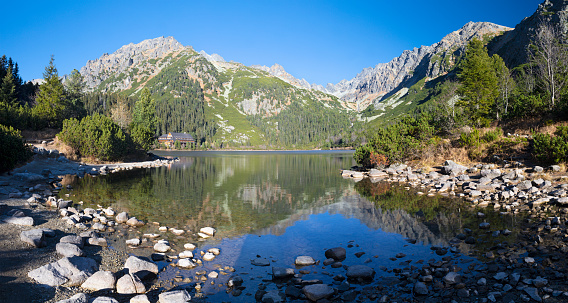 High Tatras - The panorama of Popradske Pleso lake in autumn.