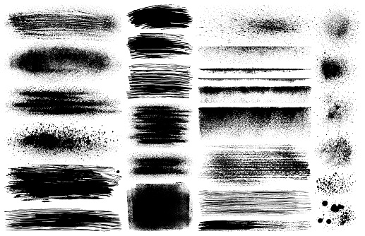 Set of grunge design elements. Black texture backgrounds, brush strokes, lines and different shapes. Isolated vector images black on white.