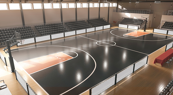 Basketball court with tribune and banners mockup, top view, 3d rendering. Rectangular area or perimeter for sporty dribbling game. Professional gymnasium arena or basket-ball gym template.