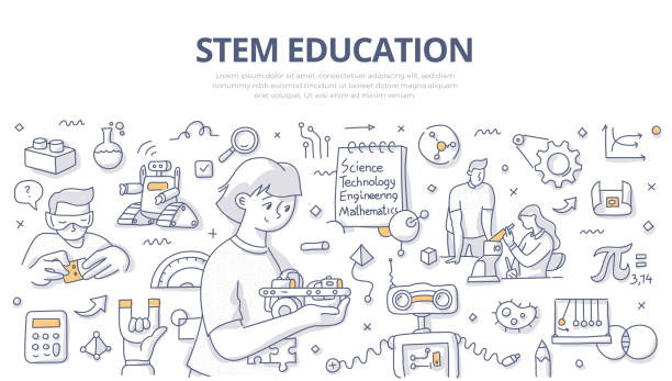 ilustrações, clipart, desenhos animados e ícones de banner de doodle de educação stem - skill child mathematics physics