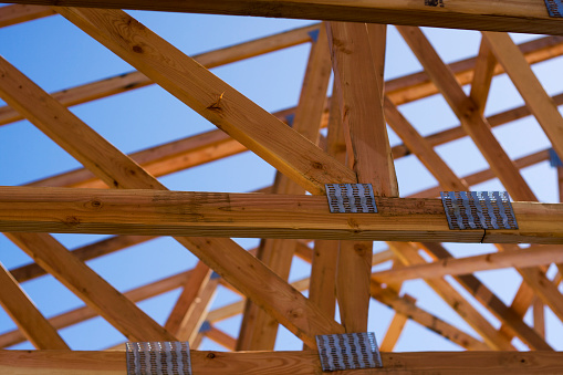 Looking up through trusses just placed atop a house under construction.