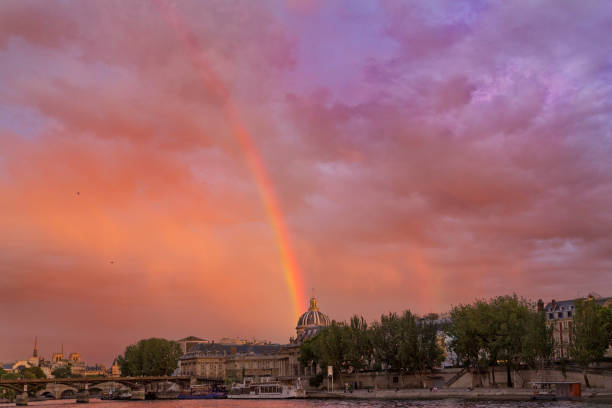 L’Institut de France illuminated by a rainbow under the setting sun. Pont des Arts, pont Neuf, île de la Cité, and Notre-Dame are seen on the left.