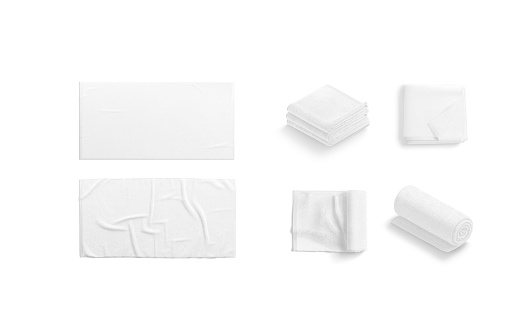 Blank white folded and unfolded towel mockup, different views, 3d rendering. Empty rectangular and twisted soft wiper mock up, isolated. Clear fiber absorb material for bathroom template.