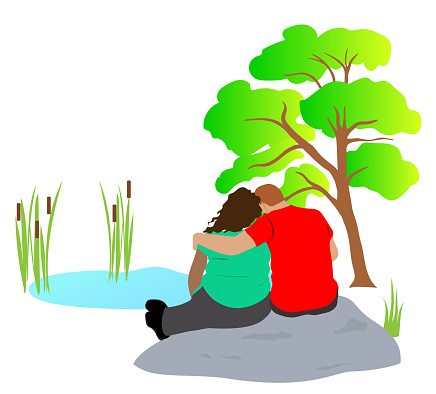 Loving couple sitting on a rock by a small pond in this brightly coloured flat design vector illustration