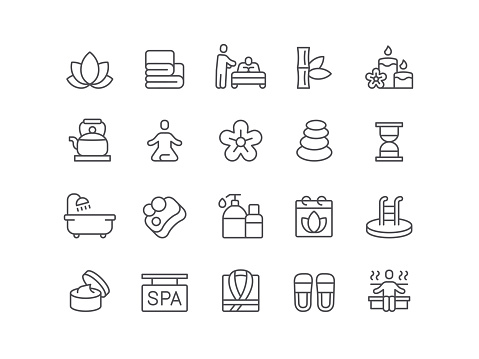 SPA, wellbeing, massaging, sauna, icon, icon set, editable stroke, outline, spa therapy, lotus, bamboo, aromatherapy, teapot, relaxation