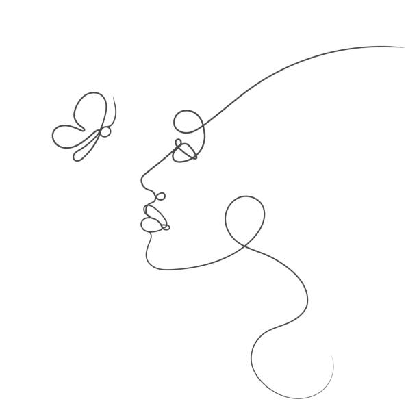 Vector Minimalistic Woman's Profile Line Art, Black and White Illustration Template, Single Continuous Line Drawing, Elegant Shape, Woman and Butterfly on White Background. Vector Minimalistic Woman's Profile Line Art, Black and White Illustration Template, Single Continuous Line Drawing, Elegant Shape, Woman and Butterfly on White Background, One Line Drawing. simple butterfly outline pictures stock illustrations