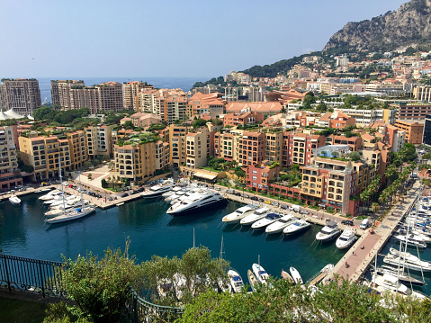 An aerial view of many boats in the harbor in Alicante city, Spain