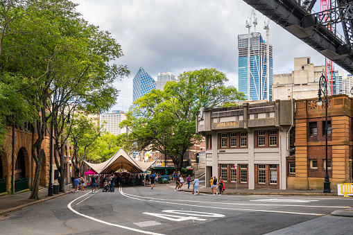 Sydney, Australia - April 16, 2022: The Rocks Market viewed along the George Street in Sydney CBD on a day
