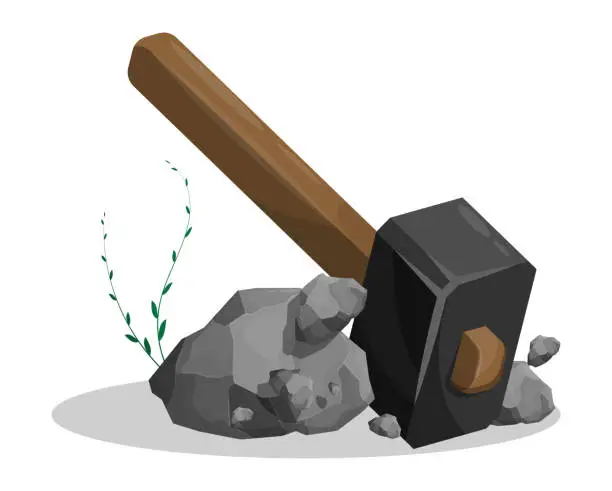 Vector illustration of Heavy hammer hits the stones. Extraction of ore and minerals. Hard physical labor. Cartoon vector isolated on white background