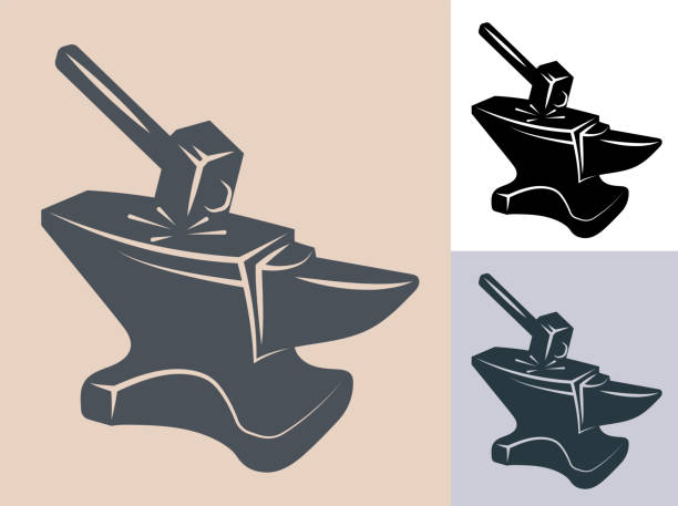 stockillustraties, clipart, cartoons en iconen met hammer hits the anvil. blacksmith craft, production of metal products. monochrome vector isolated on white background - aambeeld