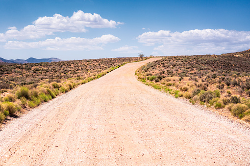 A dirt road leading up a hill in a remote, arid part of south Utah, USA.