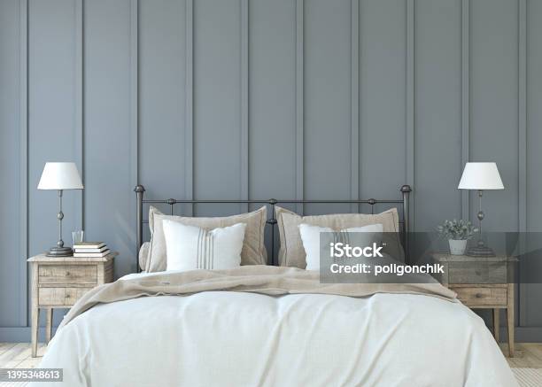 Modern Farmhouse Bedroom 3d Render Stock Photo - Download Image Now - Bedroom, Farmhouse, White Color