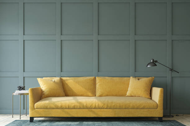 istock Modern living room interior with the yellow couch. 3d render. 1395348660