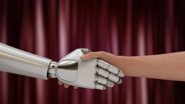 istock Shake hand human and robot on stage with curtain background. 1395348777