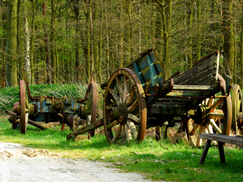 Two abondened old wagons along the road, rural scene.