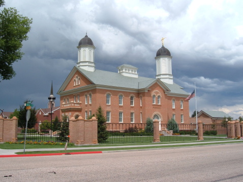 LDS Temple in Vernal, Utah (also known as Mormon) on a cloudy day.