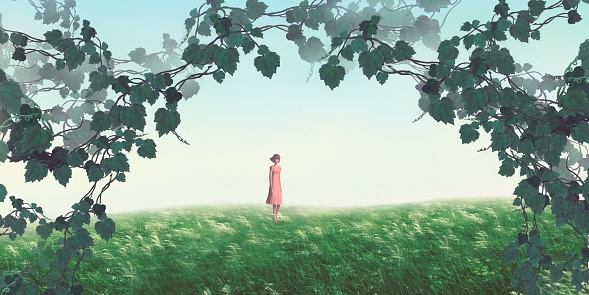 Lonely woman in meadow. Concept idea of loneliness, solitude, alone. People in nature. painting 3d illustration.
