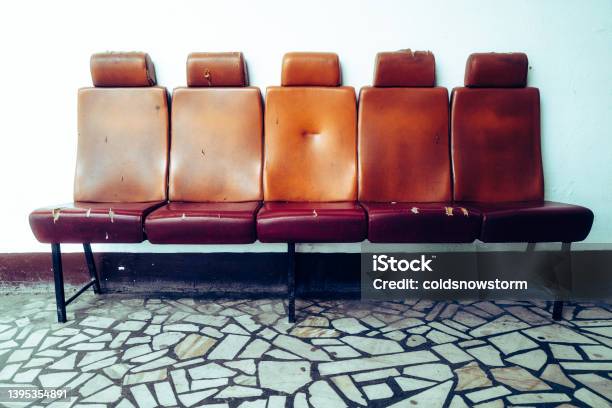 Old Destroyed Red Seats In A Row In Waiting Room Stock Photo - Download Image Now - Abandoned, Abandoned Place, Bus Station