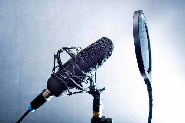 istock Close-up of a professional microphone with a pop filter in front of it. Desktop microphone for recording podcasts, songs and streaming on a stand against a dark background 1395355154