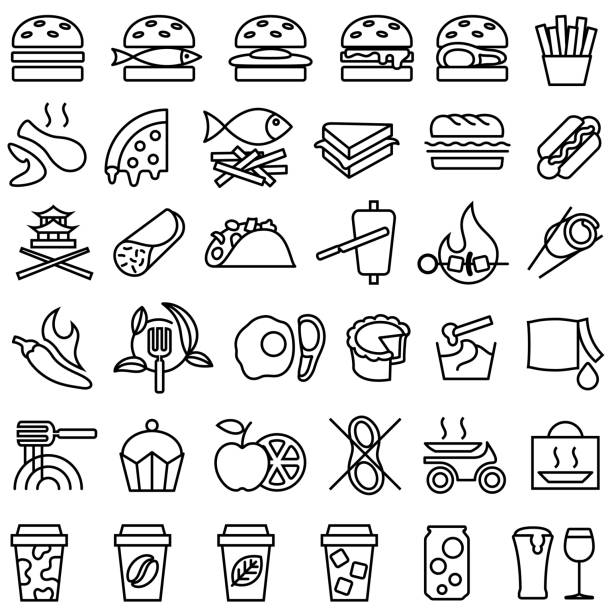 ikony fast foodów i jedzenia na wynos - fish and chips cafe restaurant salad stock illustrations