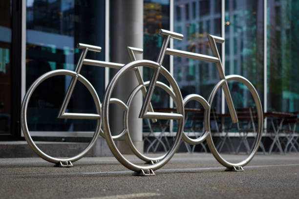 Bicycle parking on street in Oslo, Norway. Art lockers for bikes.