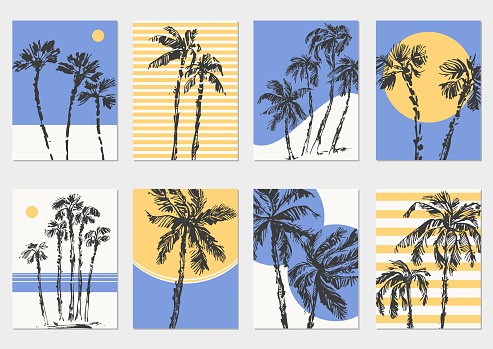 Hand drawn palm trees colorful universal card set. Summer holiday background. Exotic plants, island vacation, tropical flora, travel design.