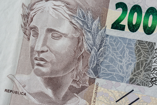 Closeup, detail of a two hundred brazilian real bill.