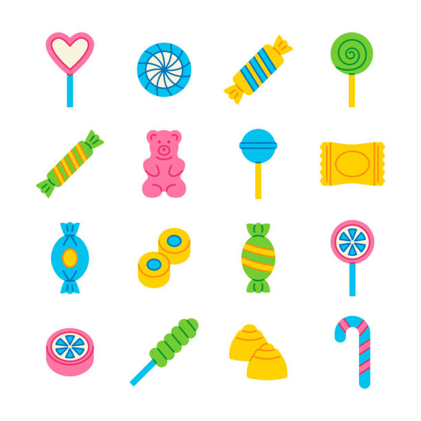 ilustrações de stock, clip art, desenhos animados e ícones de candy icon vector set. flat collection with lollipop, sweets, gummy bear, caramel, candy cane, chocolate. - candy hard candy wrapped variation