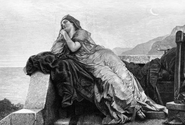 Penelope sitting on the terrace, looking onto the sea In Greek mythology, Penelope is the wife of Odysseus and the mother of Telemachus. Illustration from 19th century. ulysses stock illustrations