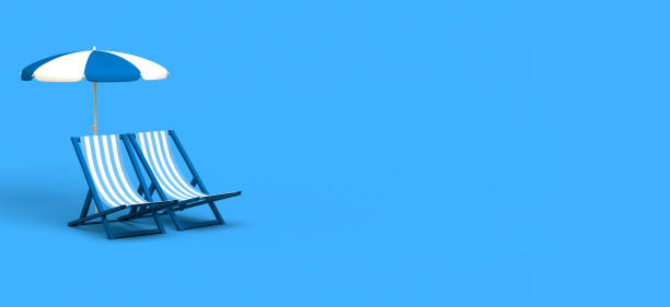 istock Folding beach chairs with parasol on pastel blue background. Summer and vacation concept. 3D illustration. 1395362363
