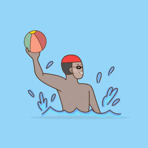 Vector illustration of man tourist holding ball  cartoon character illustration in summer and hot season, playing water polo in sea