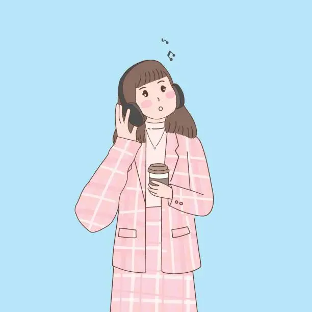 Vector illustration of woman cartoon characters illustrations listening music with headphone and holding coffee cup, hobby and life style, minimal style