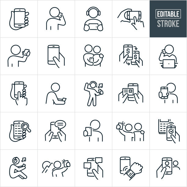 스마트 폰을 사용하는 사람들 얇은 선 아이콘 - 편집 가능한 스트로크 - iphone computer icon symbol google stock illustrations